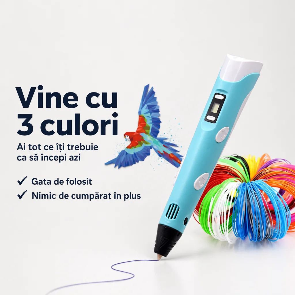 Creion 3D Pen V2 pentru Desen în Aer, cu 3 Rezerve Incluse